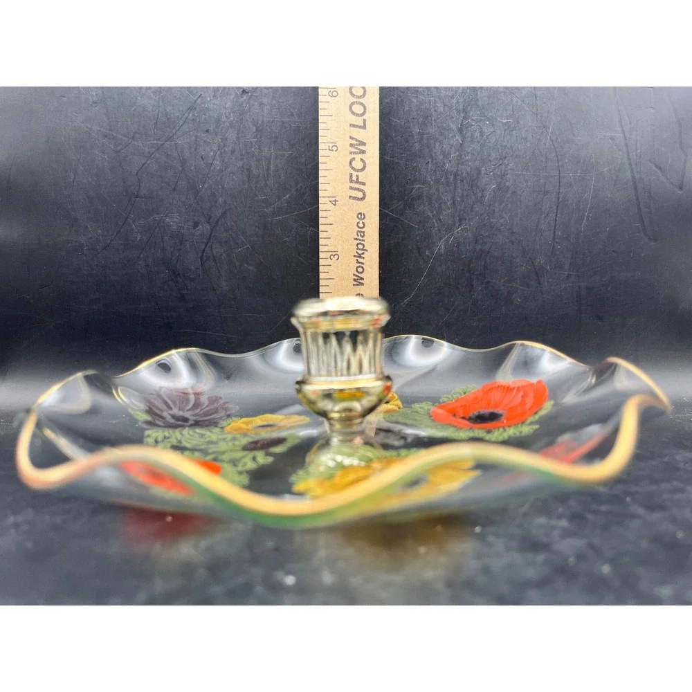 Vtg Pair of Glass Poppy Floral Ruffled Taper Candle Holders Gold Rim 6.75